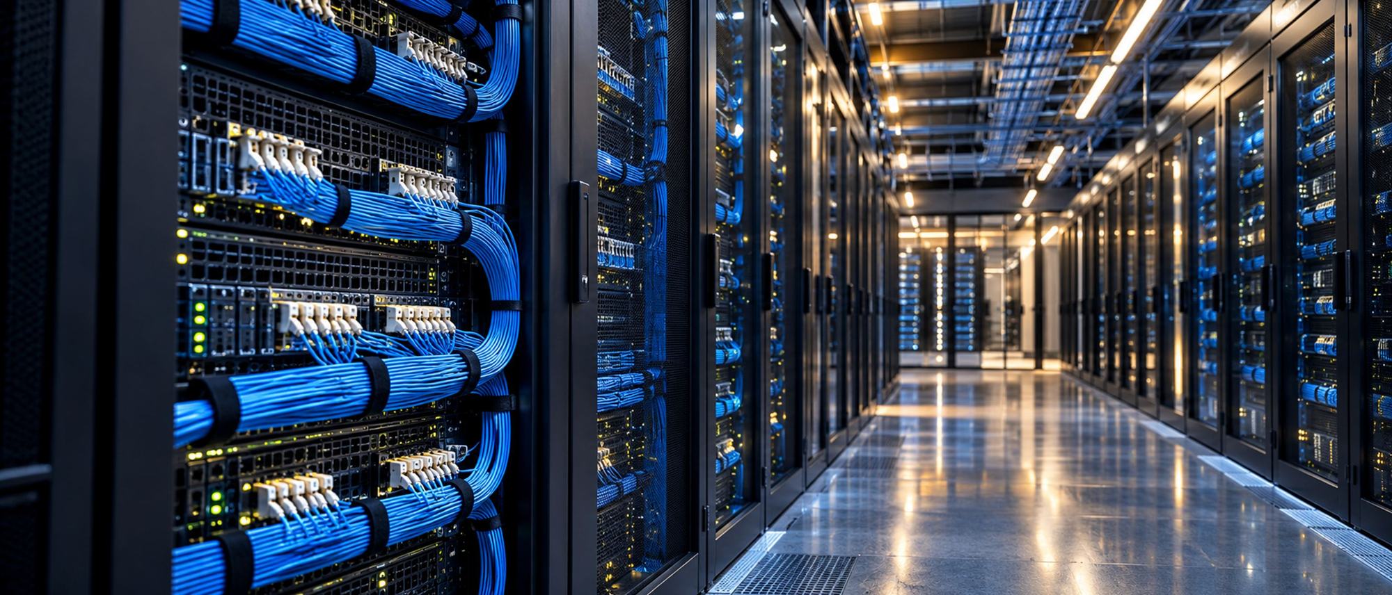 Data centre corridor lined with server racks, for technology, media and telecom executive search