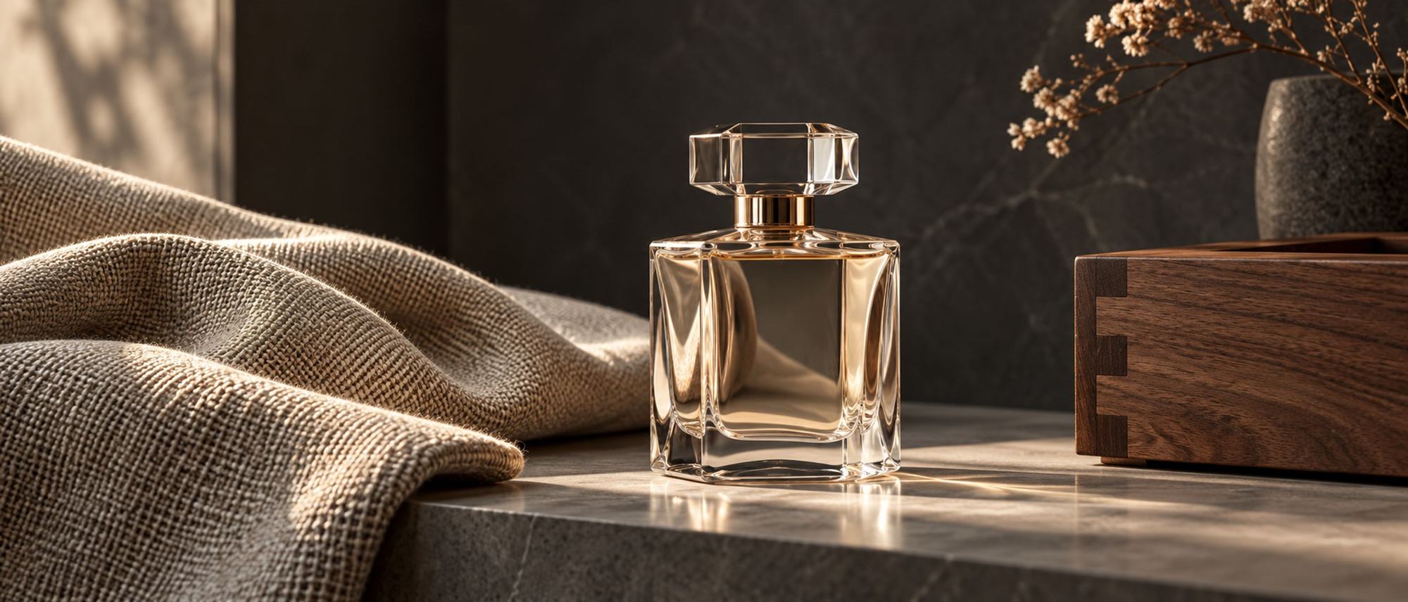 Fragrance bottle on stone with linen and walnut, for consumer and retail executive search