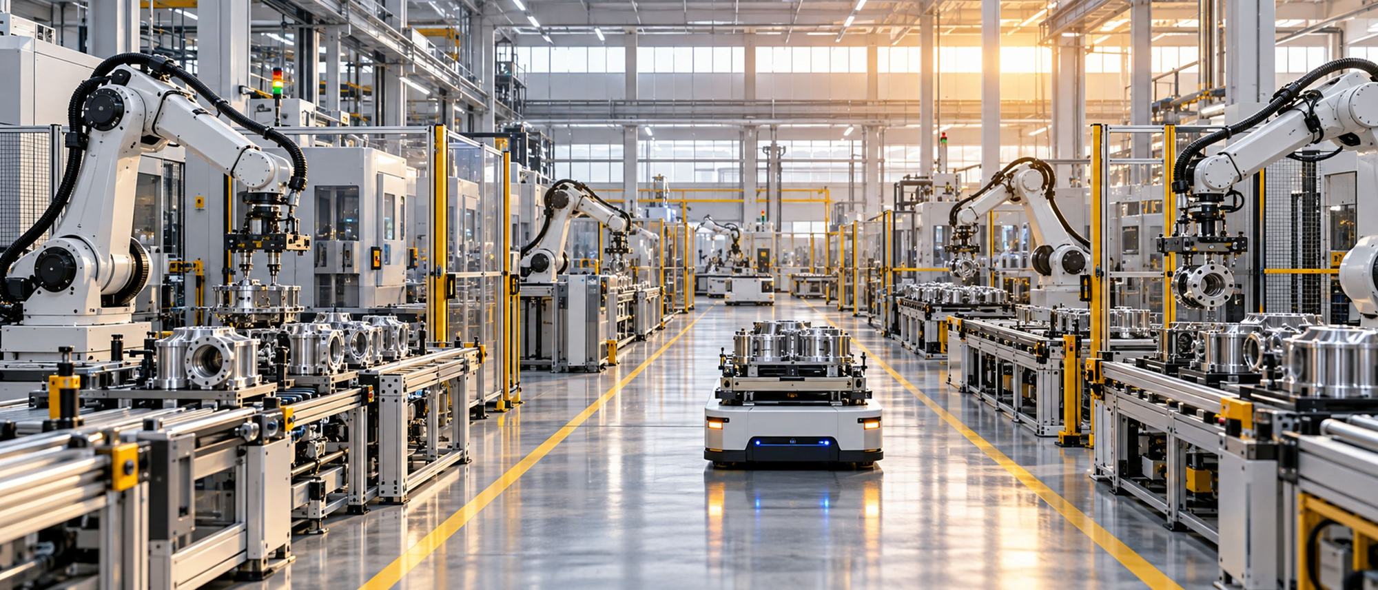 Automated factory floor with robotic arms, for industrial and manufacturing executive search