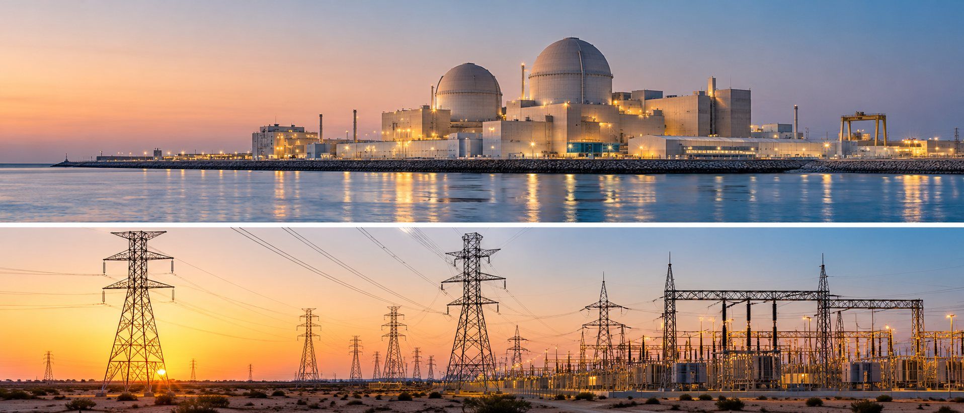 Nuclear power plant at dusk above high voltage transmission lines, for energy and power executive search