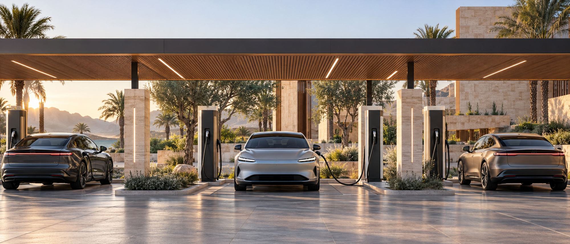 Electric vehicles at a charging station, for automotive and mobility executive search