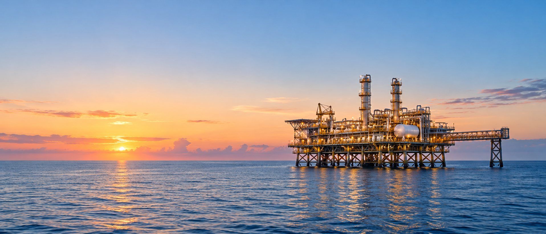 Offshore oil and gas platform at sunset, for oil and gas executive search in the GCC